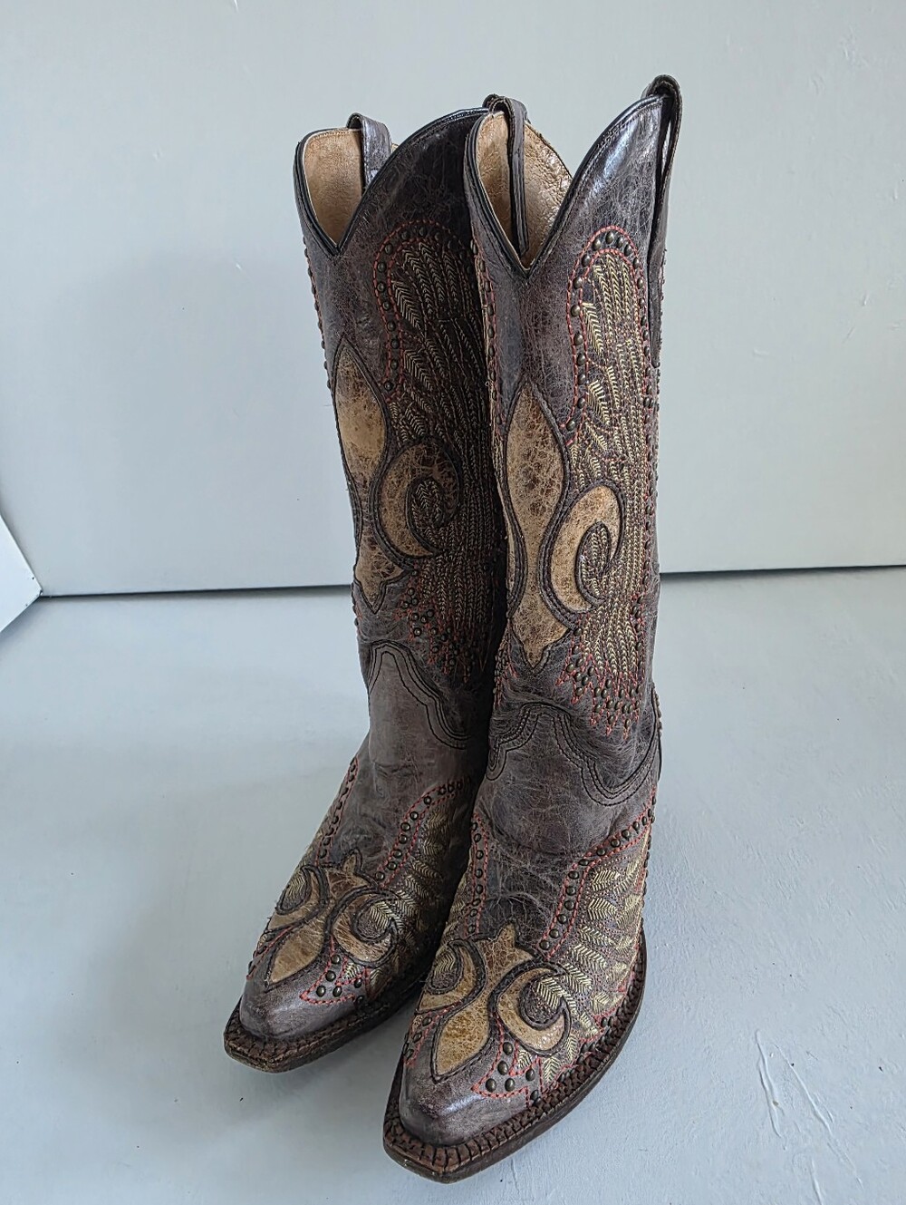 Corral Studded Fleur de Lis Cowboy Boots Brown Leather Snip Toe Y2K 9M